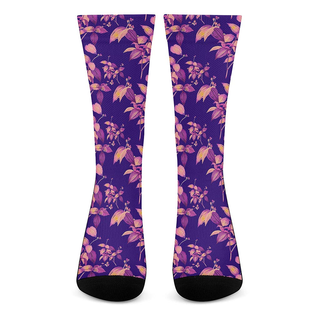 Purple Tropical Hawaiian Pattern Print Crew Socks