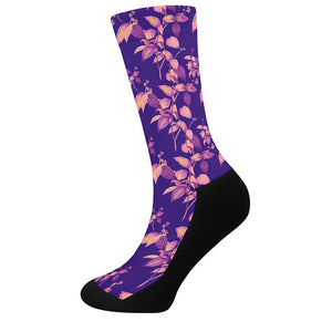 Purple Tropical Hawaiian Pattern Print Crew Socks