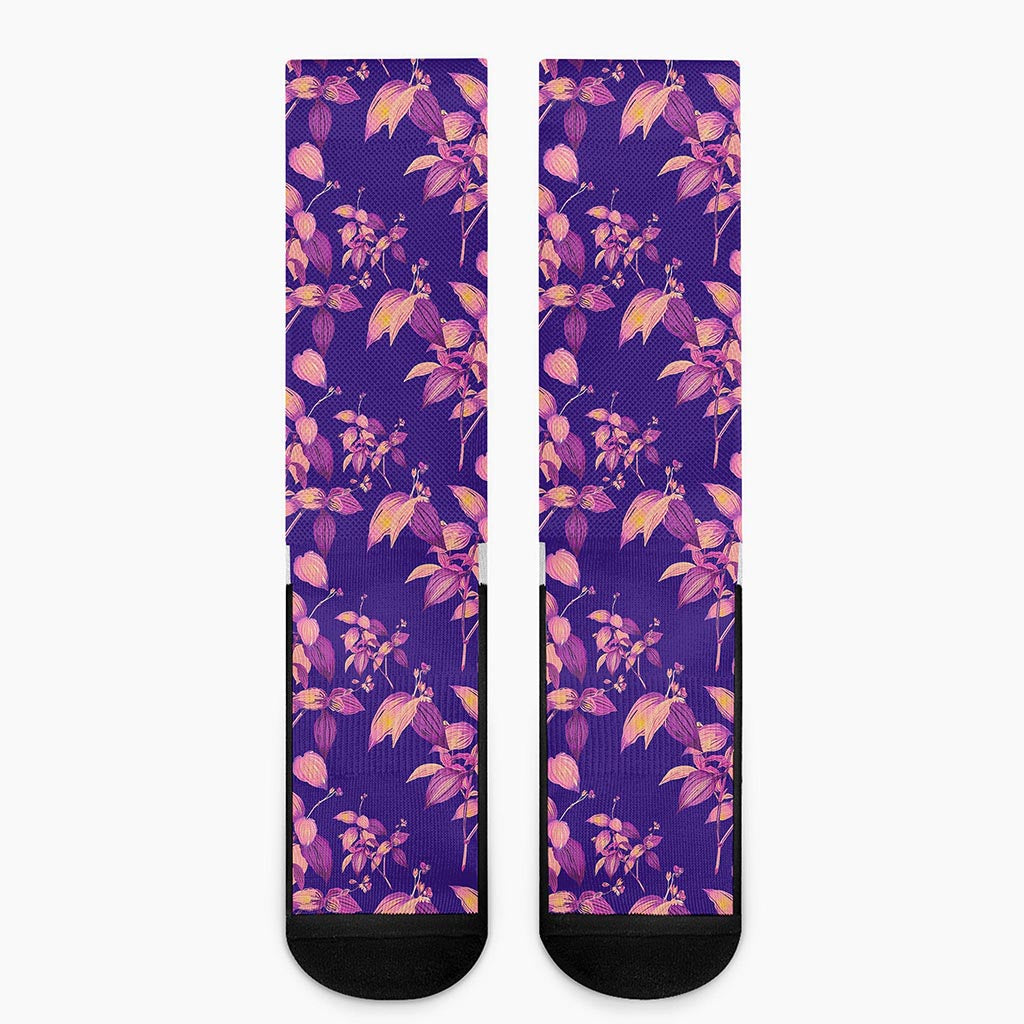 Purple Tropical Hawaiian Pattern Print Crew Socks