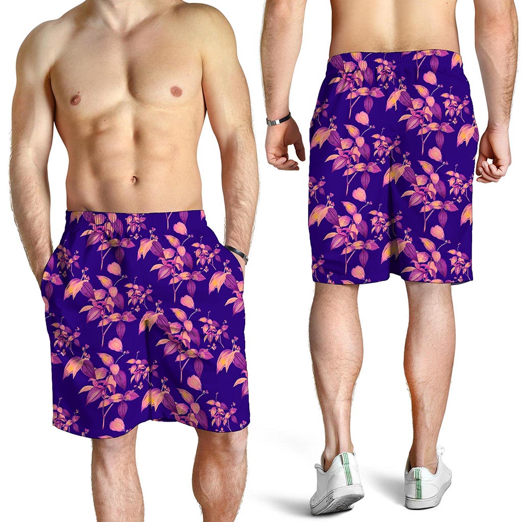 Purple Tropical Hawaiian Pattern Print Men's Shorts