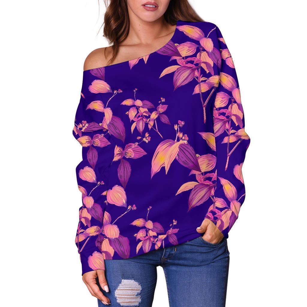 Purple Tropical Hawaiian Pattern Print Off Shoulder Sweatshirt GearFrost