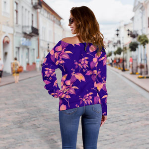 Purple Tropical Hawaiian Pattern Print Off Shoulder Sweatshirt GearFrost