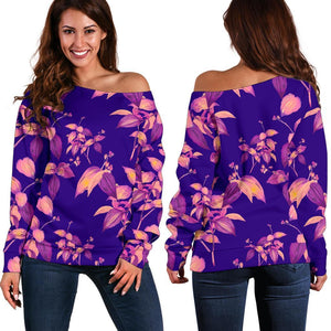 Purple Tropical Hawaiian Pattern Print Off Shoulder Sweatshirt GearFrost