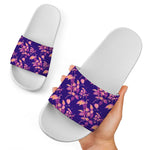 Purple Tropical Hawaiian Pattern Print White Slide Sandals