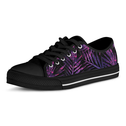 Purple Tropical Leaves Print Black Low Top Shoes