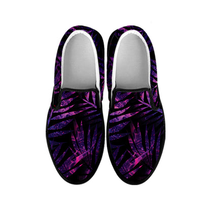 Purple Tropical Leaves Print Black Slip On Shoes