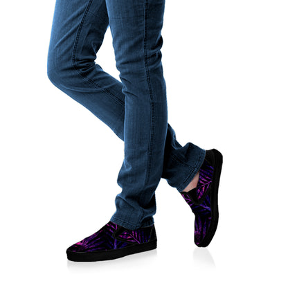 Purple Tropical Leaves Print Black Slip On Shoes