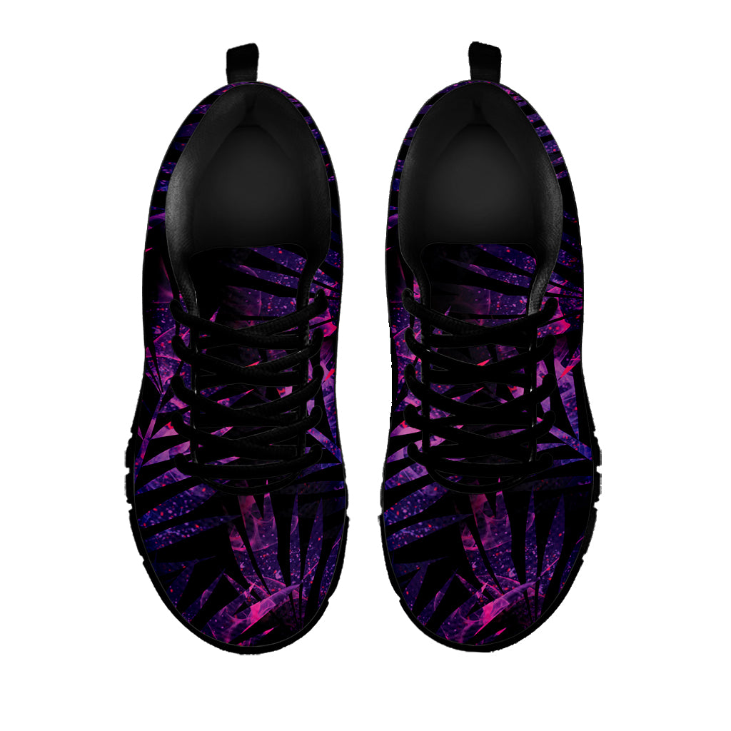 Purple Tropical Leaves Print Black Sneakers