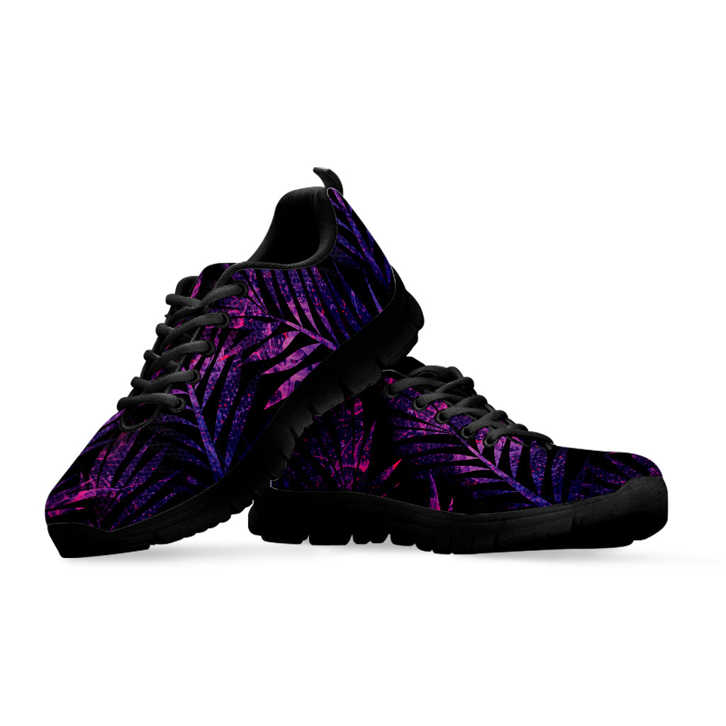 Purple Tropical Leaves Print Black Sneakers