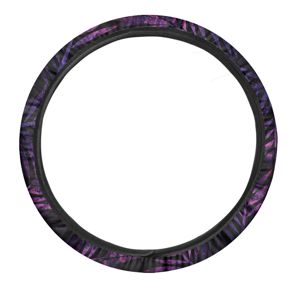 Purple Tropical Leaves Print Car Steering Wheel Cover