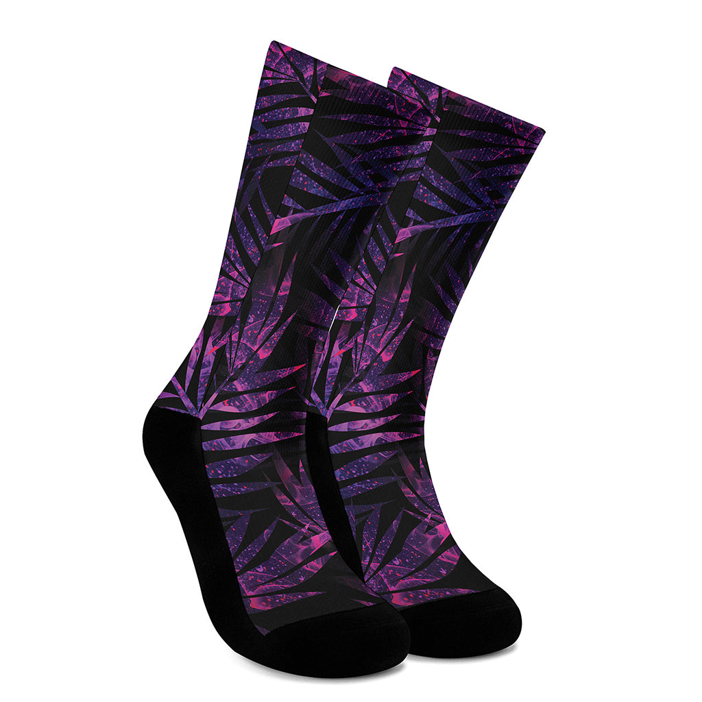 Purple Tropical Leaves Print Crew Socks