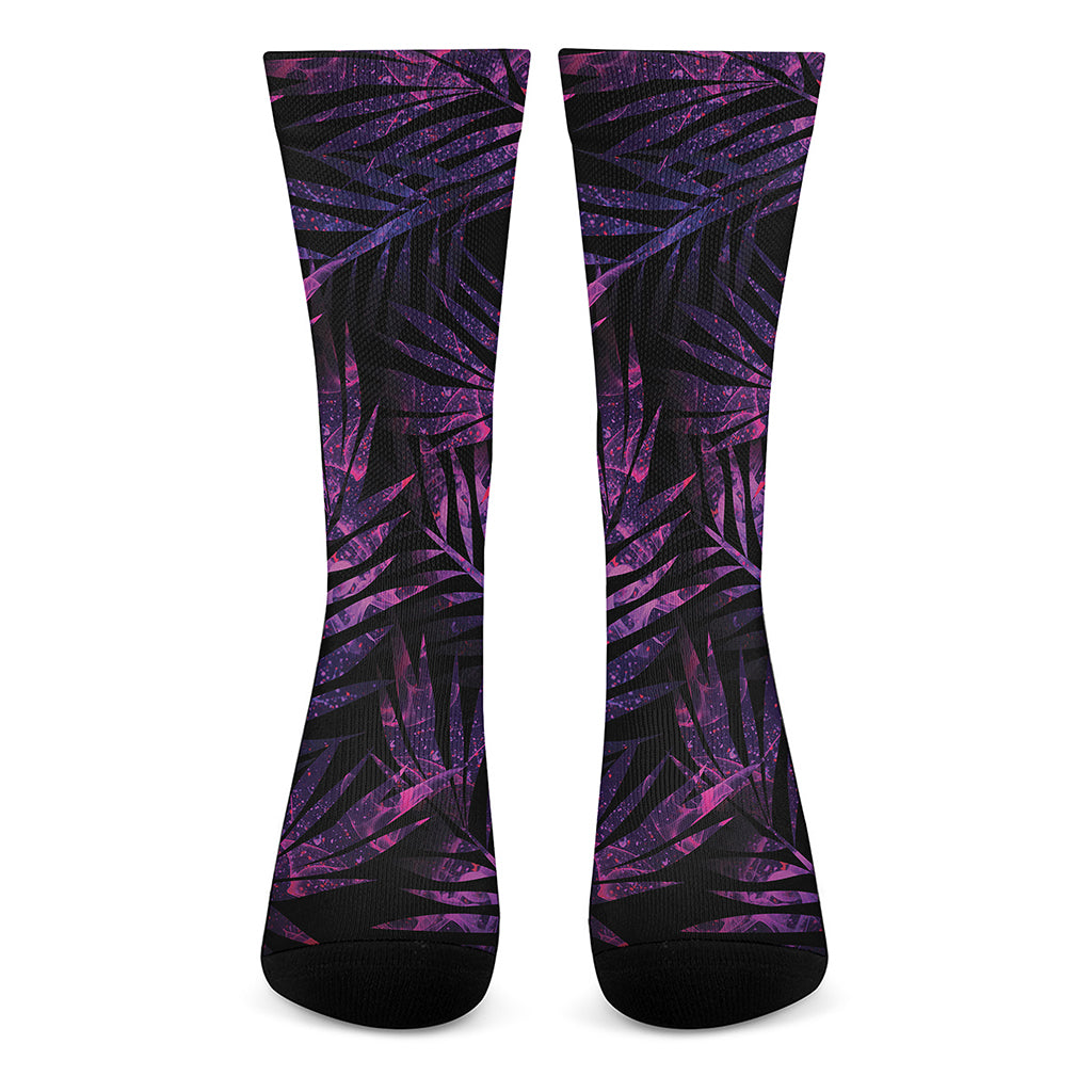 Purple Tropical Leaves Print Crew Socks