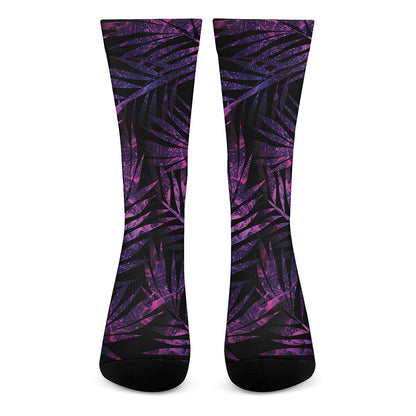 Purple Tropical Leaves Print Crew Socks