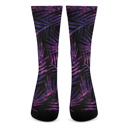 Purple Tropical Leaves Print Crew Socks