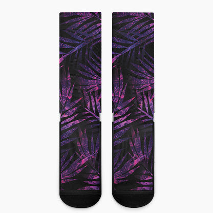 Purple Tropical Leaves Print Crew Socks
