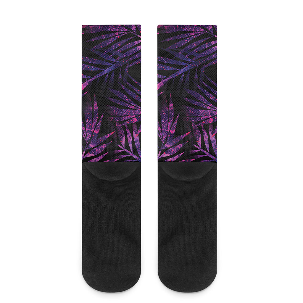 Purple Tropical Leaves Print Crew Socks