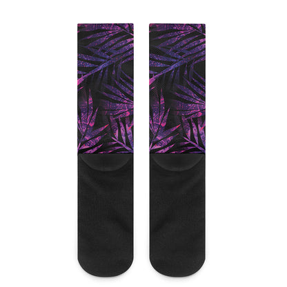 Purple Tropical Leaves Print Crew Socks