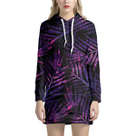 Purple Tropical Leaves Print Hoodie Dress