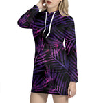 Purple Tropical Leaves Print Hoodie Dress