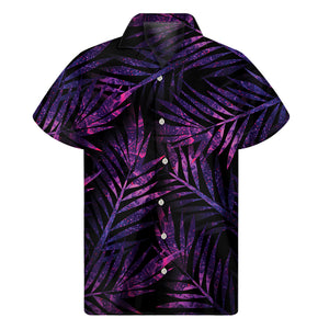 Purple Tropical Leaves Print Men's Short Sleeve Shirt