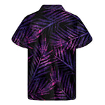 Purple Tropical Leaves Print Men's Short Sleeve Shirt