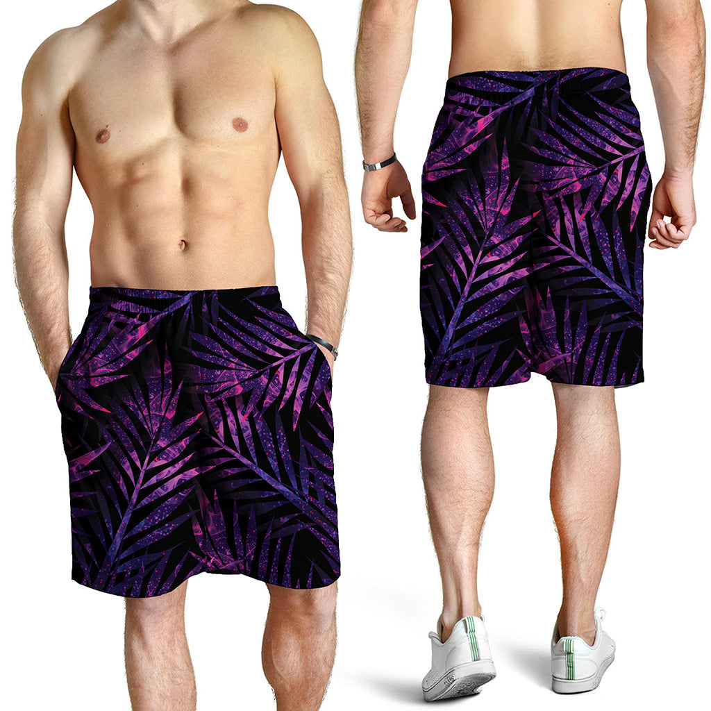 Purple Tropical Leaves Print Men's Shorts