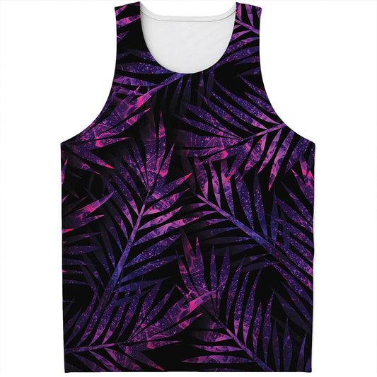 Purple Tropical Leaves Print Men's Tank Top