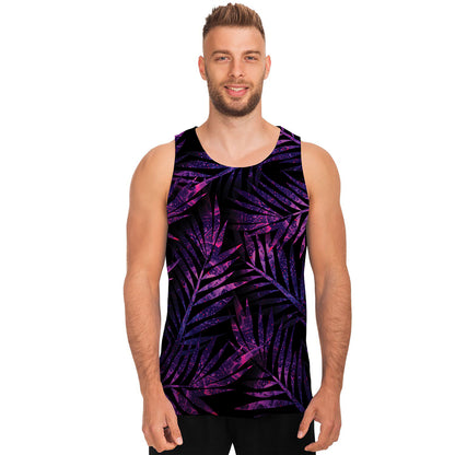 Purple Tropical Leaves Print Men's Tank Top