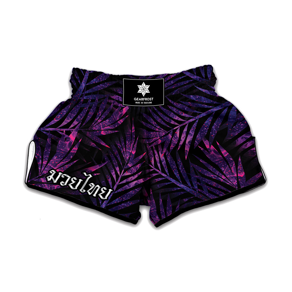 Purple Tropical Leaves Print Muay Thai Boxing Shorts