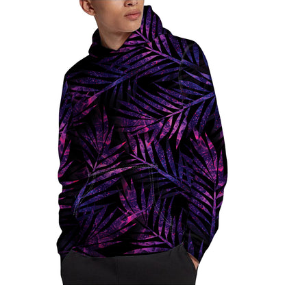 Purple Tropical Leaves Print Pullover Hoodie