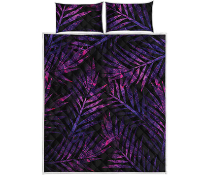 Purple Tropical Leaves Print Quilt Bed Set