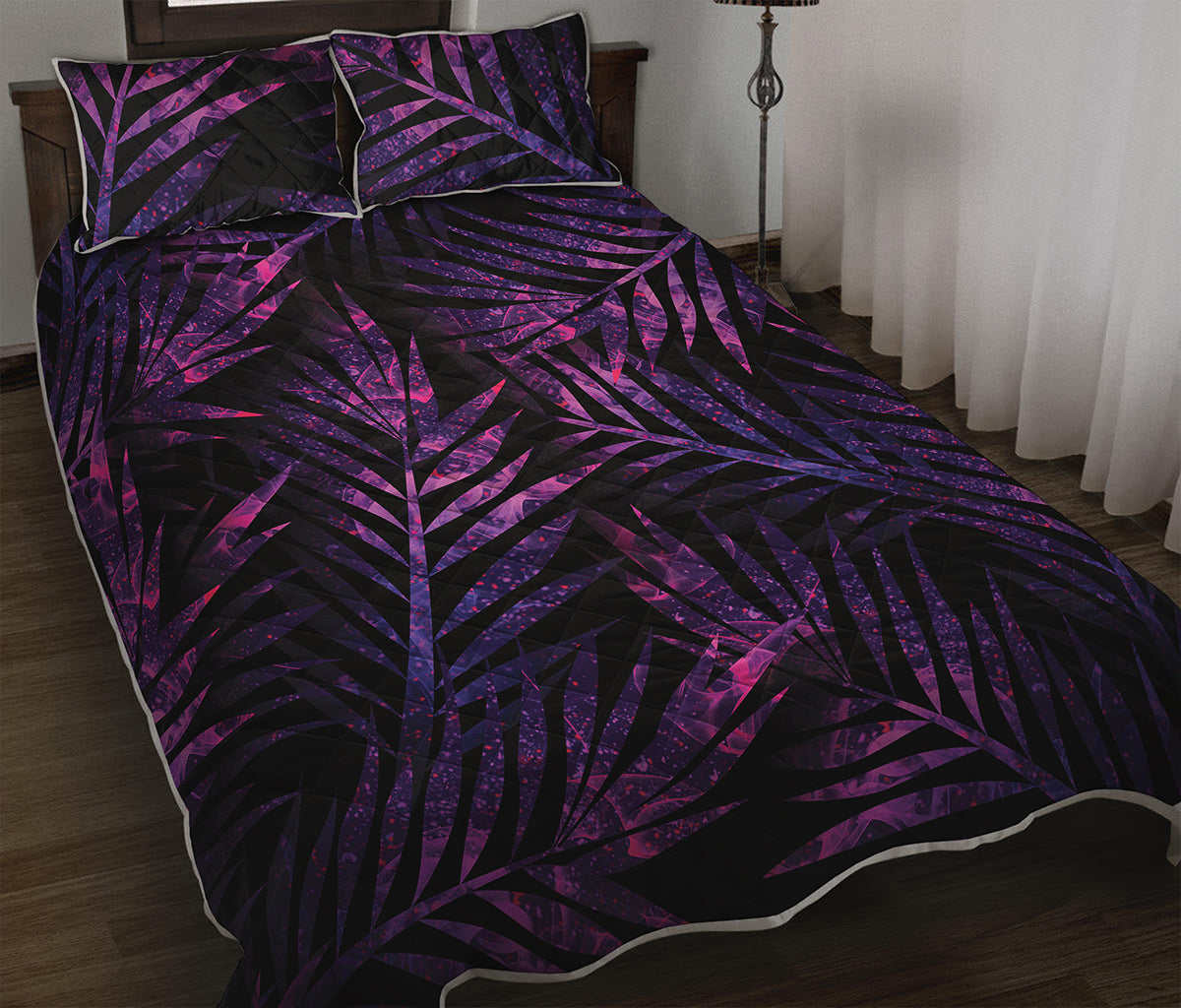 Purple Tropical Leaves Print Quilt Bed Set