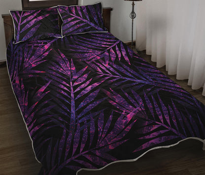 Purple Tropical Leaves Print Quilt Bed Set