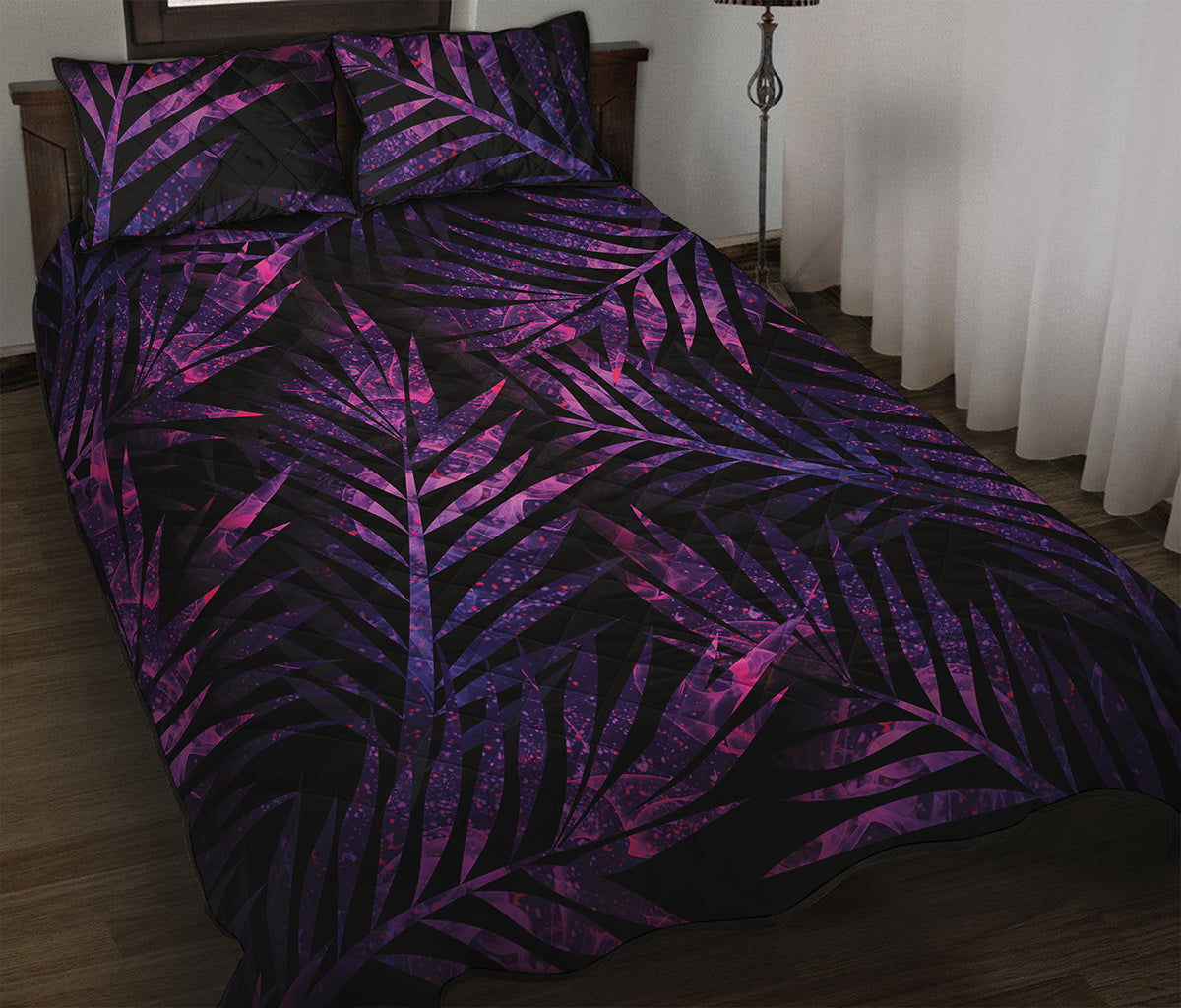 Purple Tropical Leaves Print Quilt Bed Set
