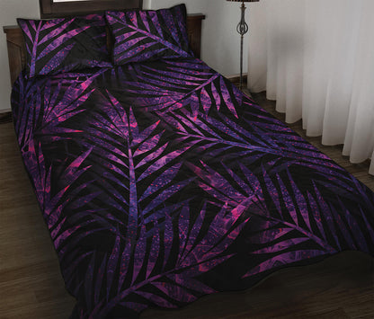 Purple Tropical Leaves Print Quilt Bed Set