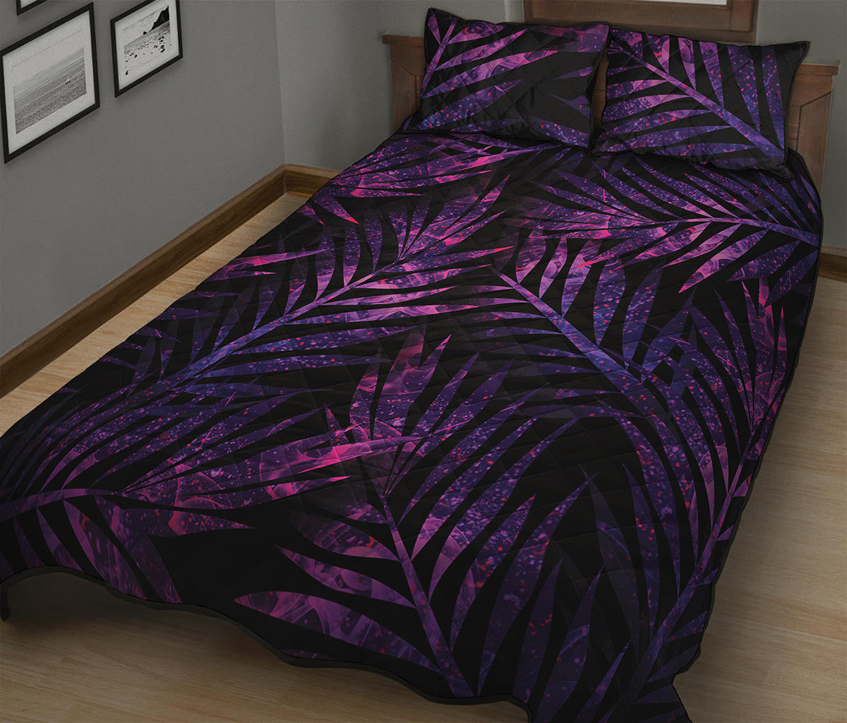 Purple Tropical Leaves Print Quilt Bed Set