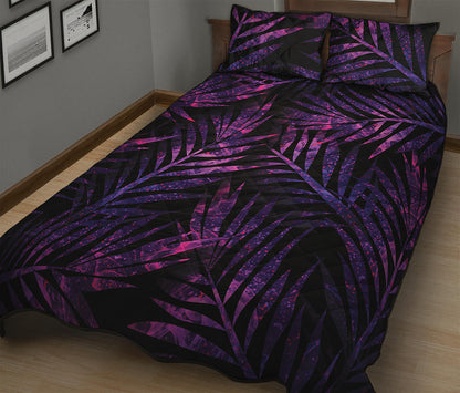 Purple Tropical Leaves Print Quilt Bed Set