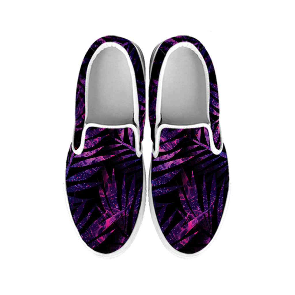 Purple Tropical Leaves Print White Slip On Shoes