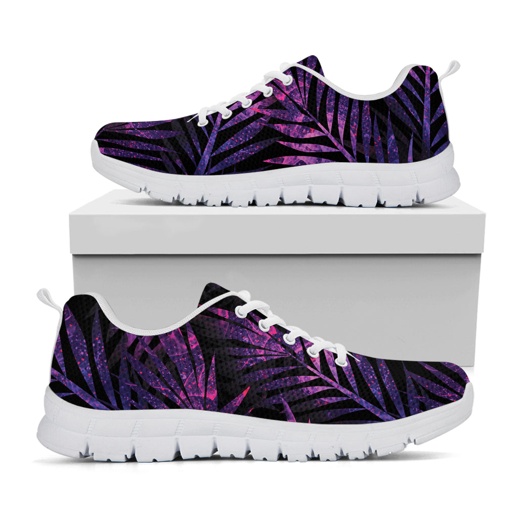 Purple Tropical Leaves Print White Sneakers