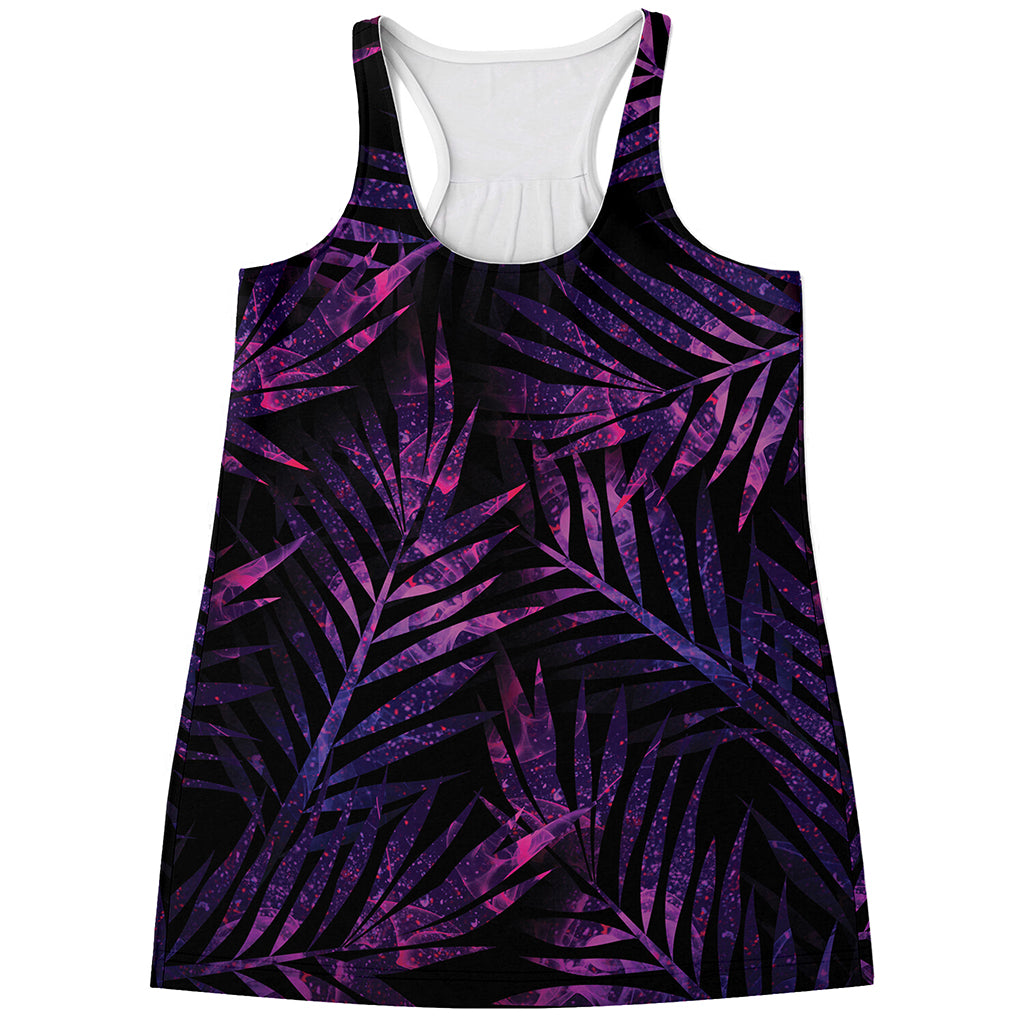Purple Tropical Leaves Print Women's Racerback Tank Top