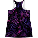 Purple Tropical Leaves Print Women's Racerback Tank Top