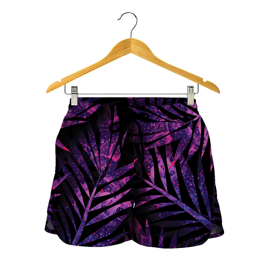 Purple Tropical Leaves Print Women's Shorts