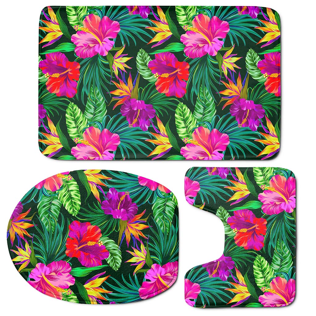 Purple Tropical Pattern Print 3 Piece Bath Mat Set