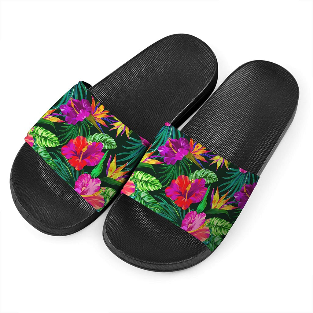 Purple Tropical Pattern Print Black Slide Sandals