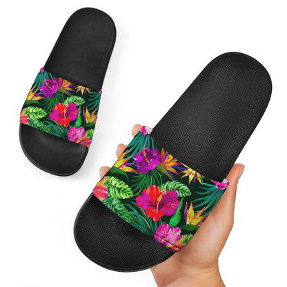 Purple Tropical Pattern Print Black Slide Sandals