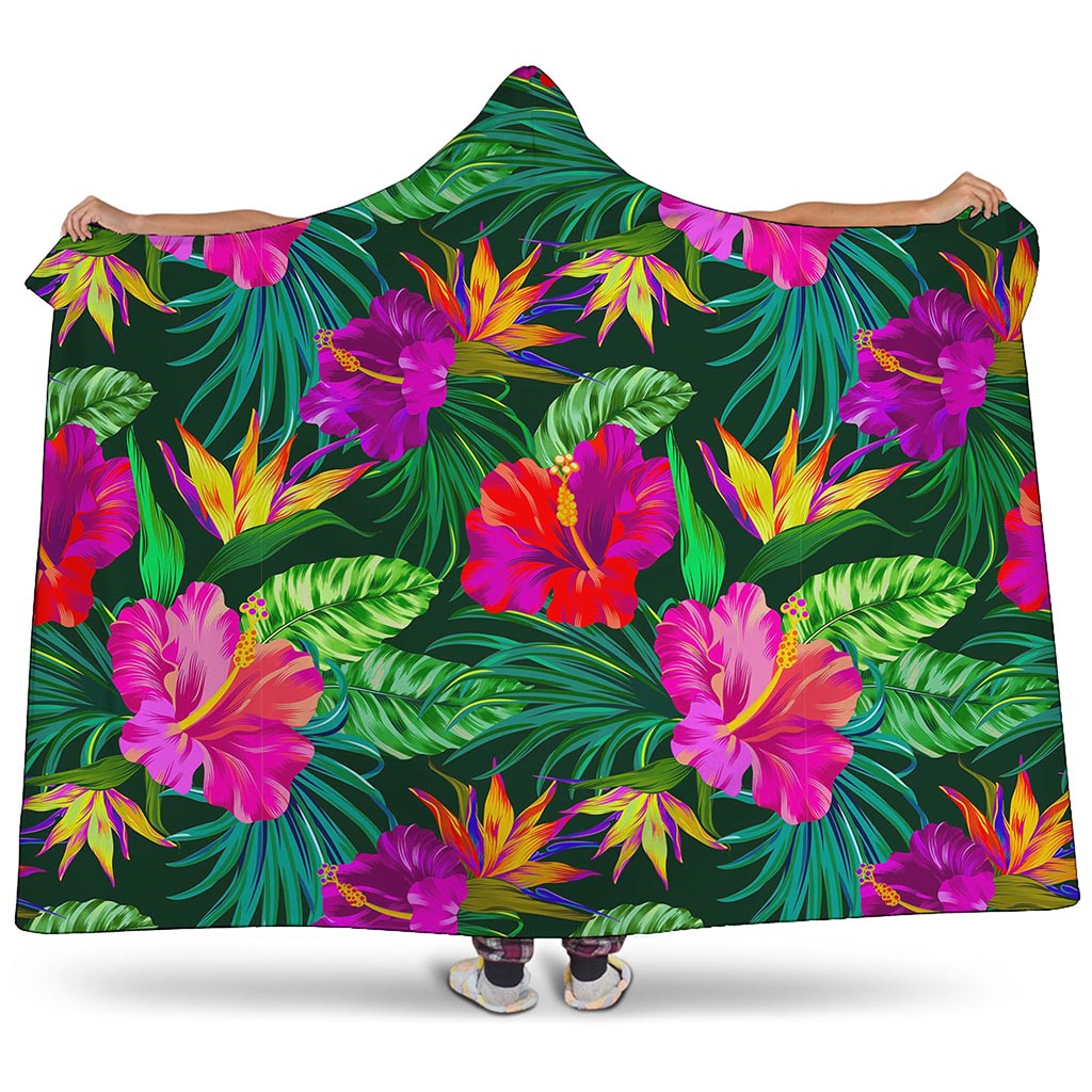 Purple Tropical Pattern Print Hooded Blanket