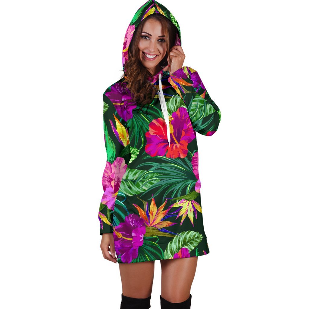 Purple Tropical Pattern Print Hoodie Dress GearFrost