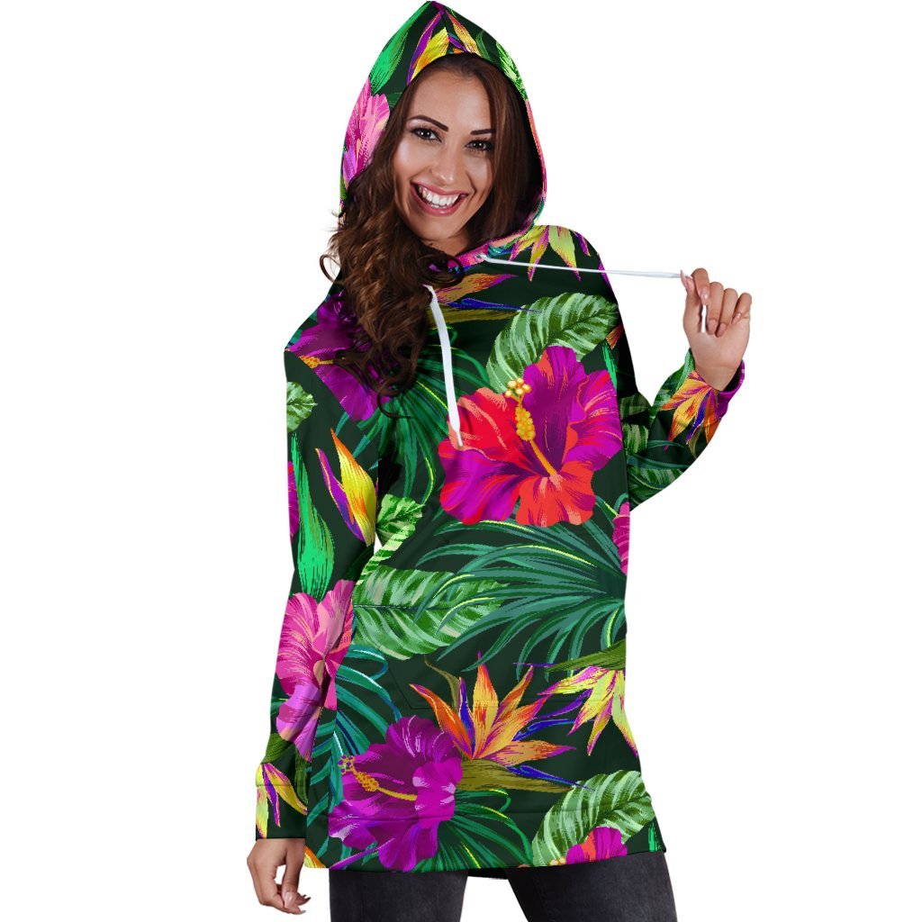 Purple Tropical Pattern Print Hoodie Dress GearFrost