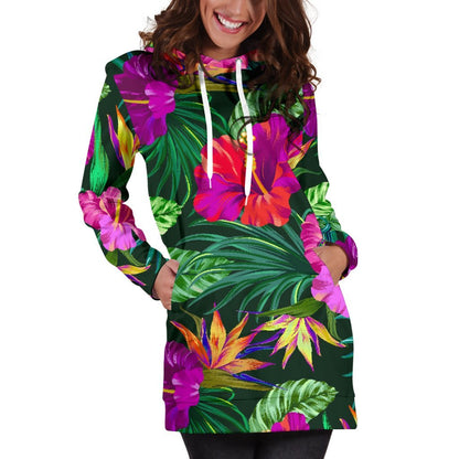 Purple Tropical Pattern Print Hoodie Dress GearFrost