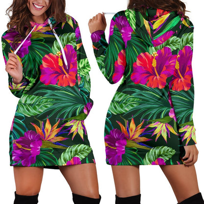 Purple Tropical Pattern Print Hoodie Dress GearFrost